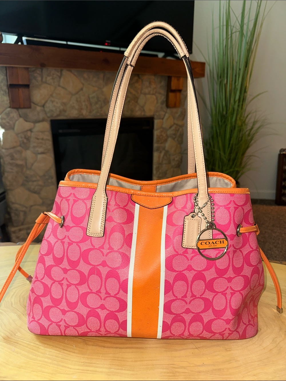 Coach Pink and Orange Signature Stripe Tote